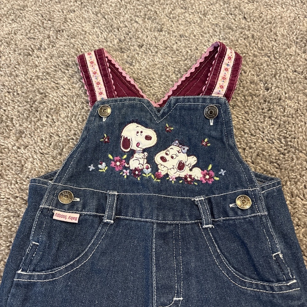 Vintage Peanuts Denim Baby Snoopy Girl Snoopy Overalls Flower Picking Spring 12M